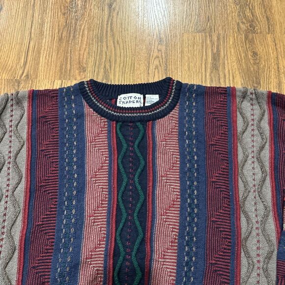 Cotton Traders Sweater Mens Large Vintage Coogi Style 3D Knit 90s Red Blue Tan - Picture 7 of 8
